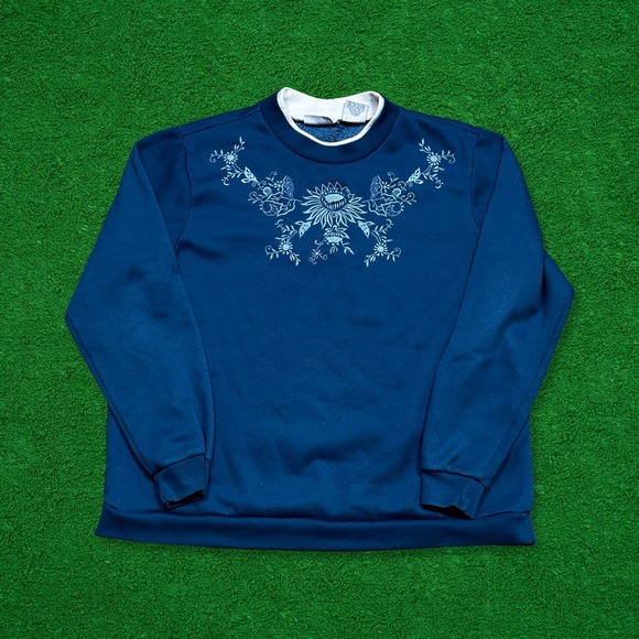 Vintage Blue Floral Embroidered Sweatshirt - Picture 1 of 5